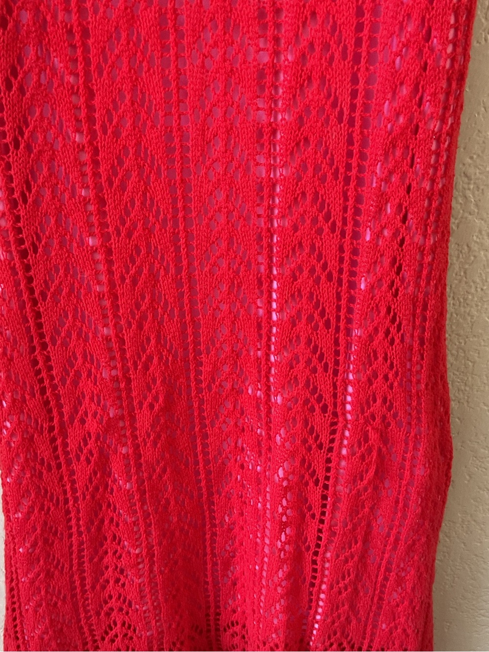 Red Crochet Knit Mini Dress XS S Pink Contrast Lining Strappy Summer Festival - Picture 3 of 6